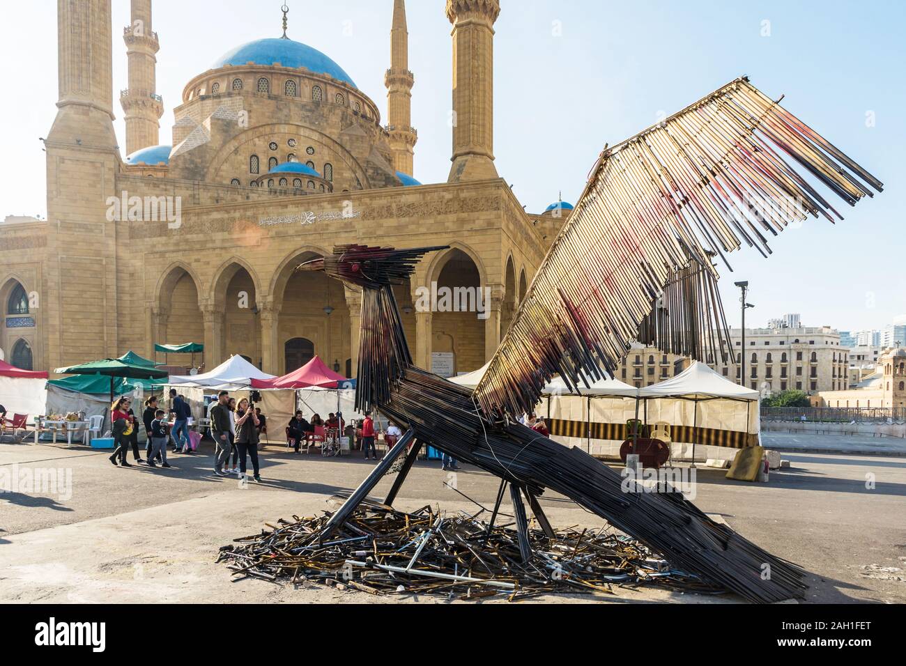 The Phoenix art installation sculpture, an idea by Hayat Nazer, in front of Mohammad al-Amin mosque, Martyrs' Square, Beirut Central District, Lebanon Stock Photo