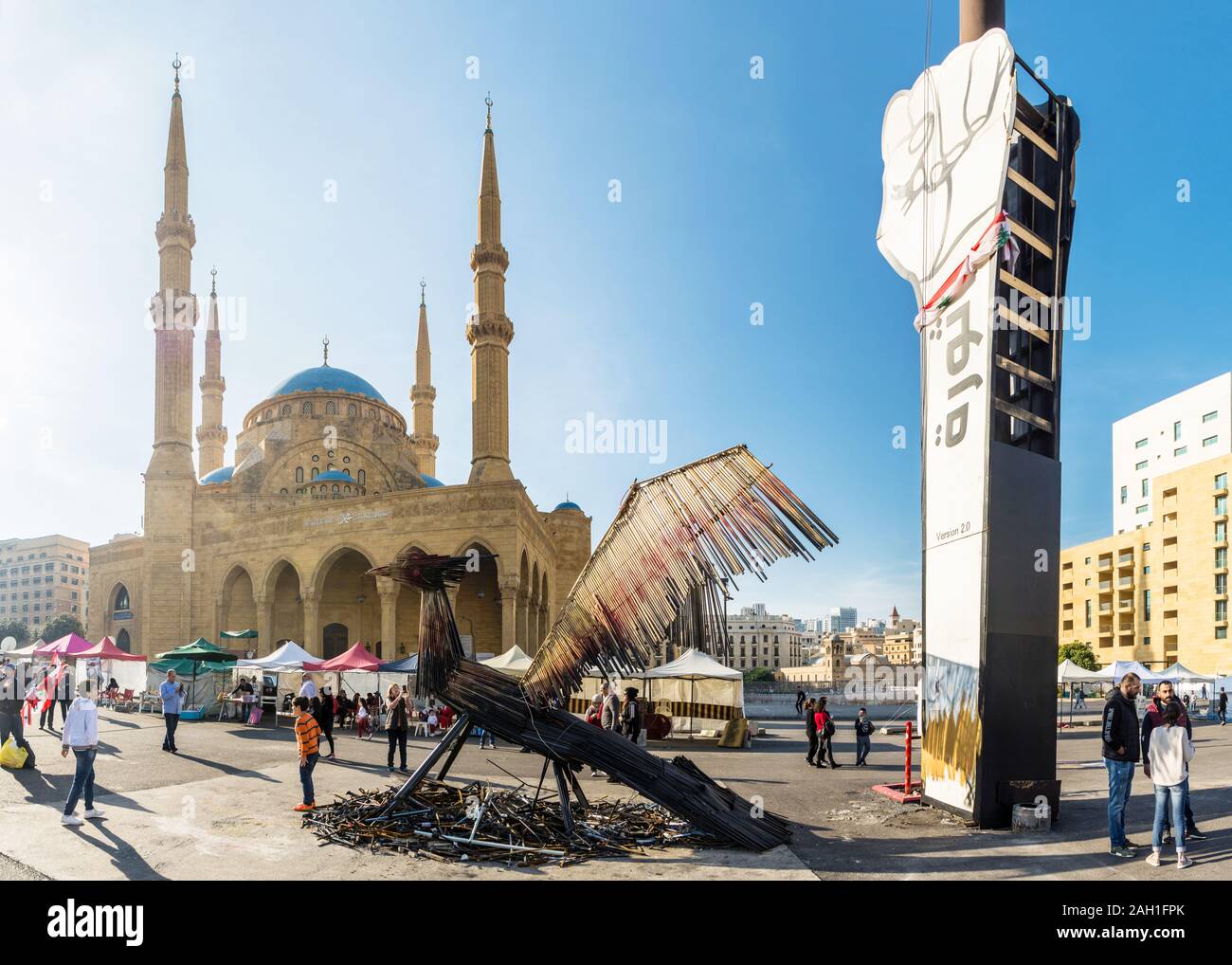 Revolution Fist & The Phoenix art installation by Hayat Nazer in front of Mohammad al-Amin mosque, Martyrs' Square, Beirut, Lebanon protests Stock Photo