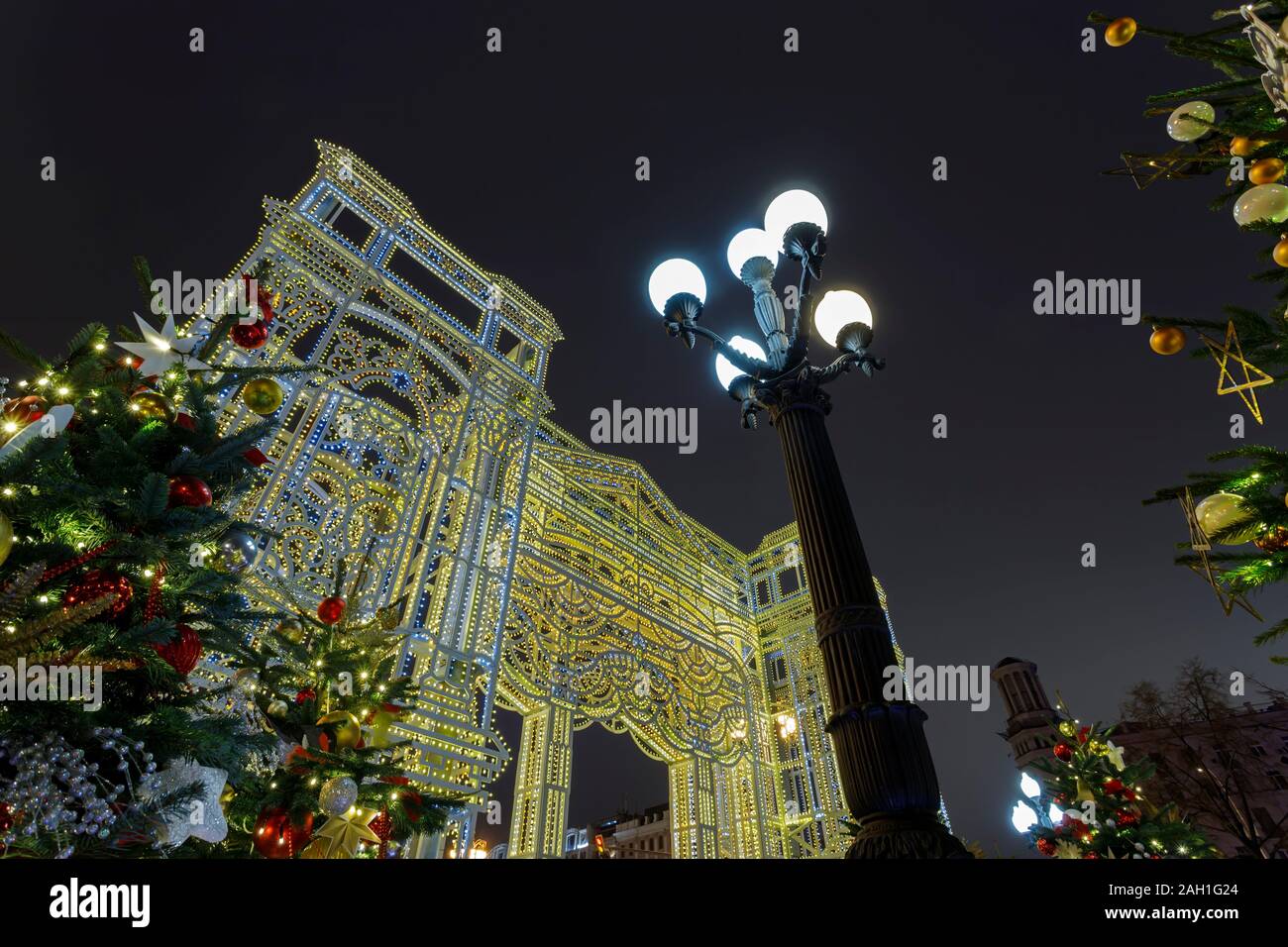 The city is decorated with festive illumination for the New Year