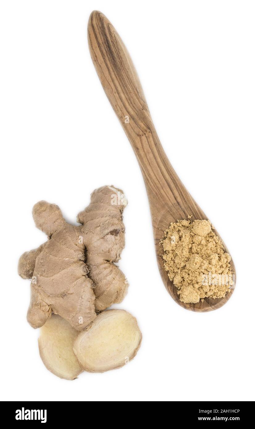 Some Powdered Ginger isolated on white (selective focus) Stock Photo