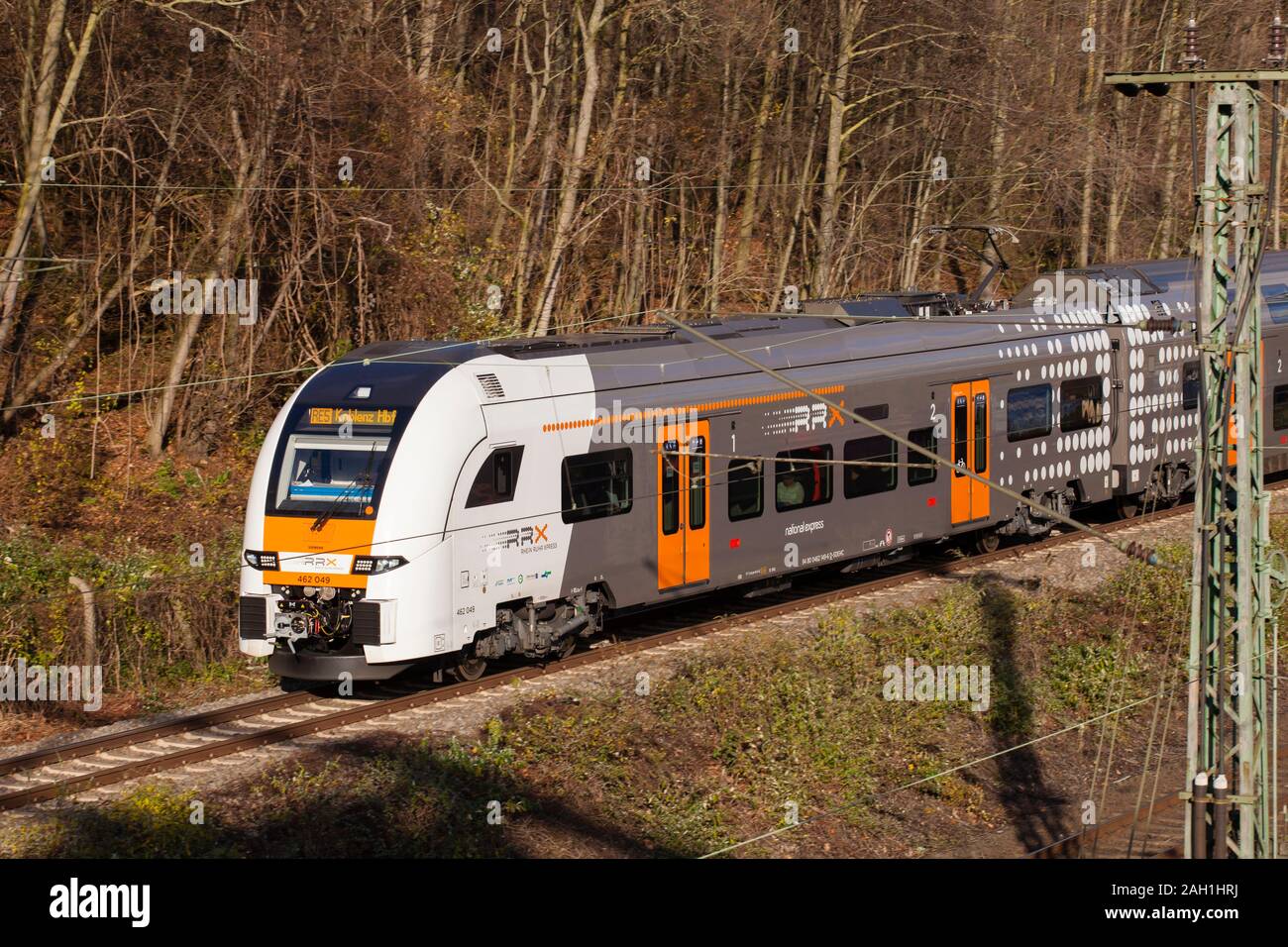 National Express train on track near Mediapark, Cologne, Germany.  National Express auf Bahntrasse am Mediapark, Koeln, Deutschland. Stock Photo