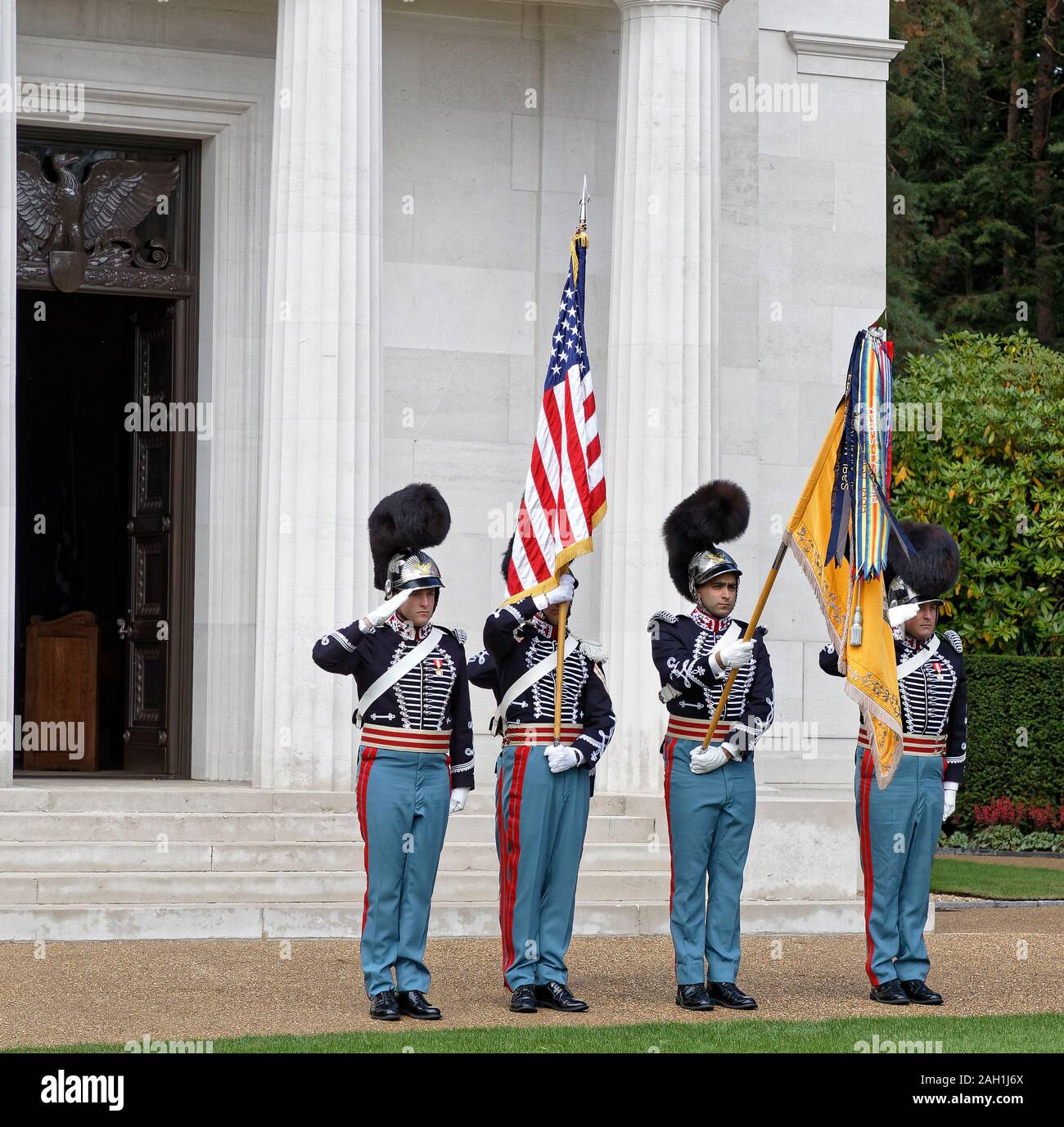 Members of the First Troop Philadelphia Cavalry visit the American Military Cemetery in Brookwood, Surrey, England. Stock Photo