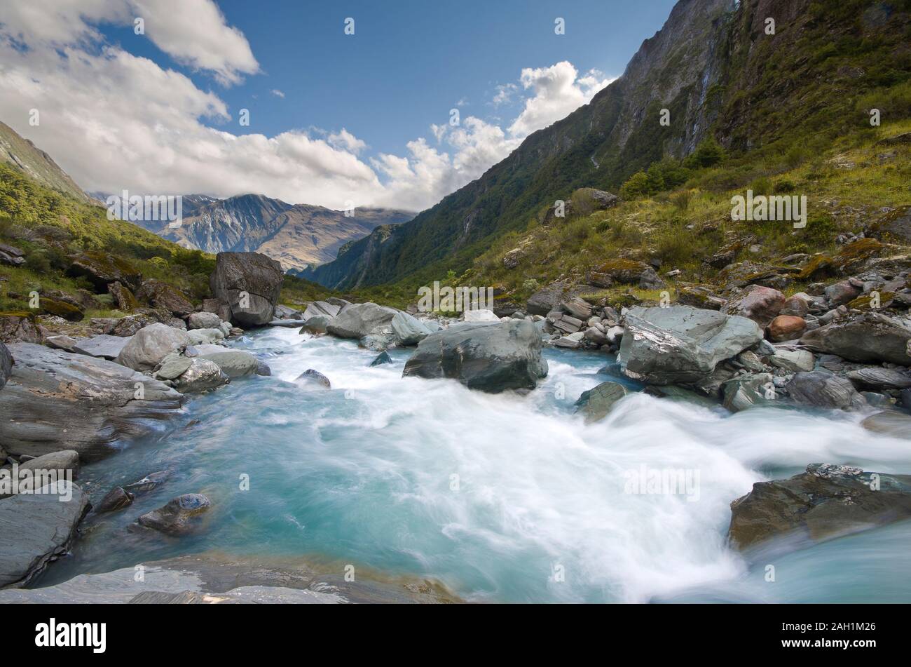 Epic galcier river in midle of wildness in New zealanad Stock Photo