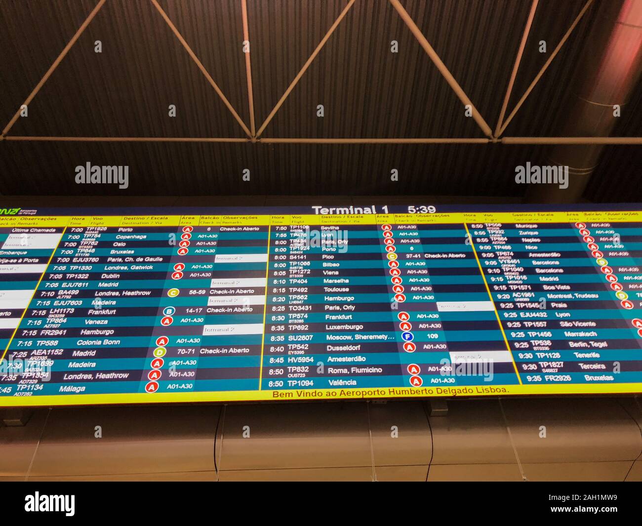 Arrival - Departure screen dispaly at the Humberto Delgado airport, Lisbon, Portugal. Stock Photo