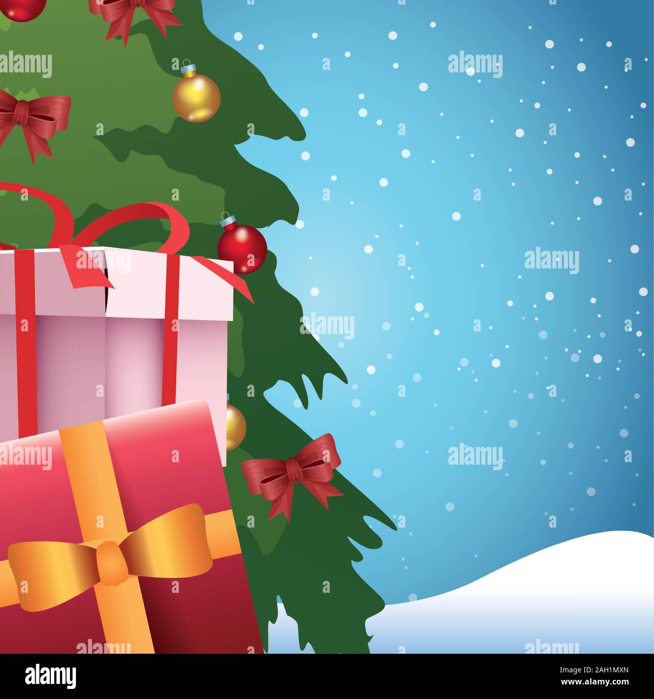 Christmas tree and gift boxes over blue snowy background Stock Vector ...
