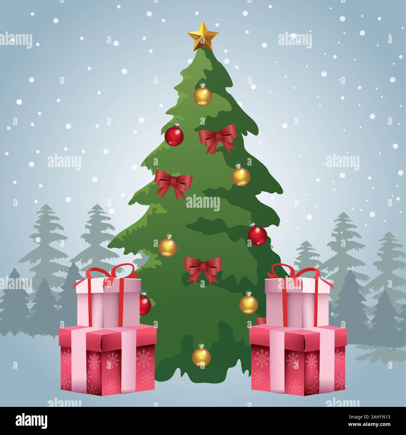 christmas tree with gift boxes over snowy background Stock Vector Image ...