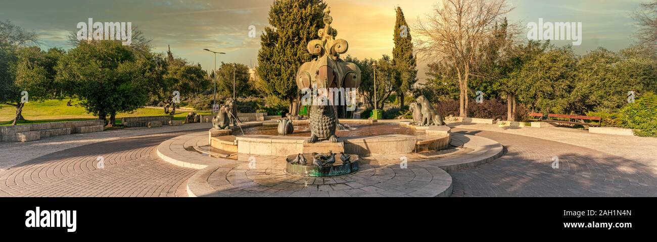 Panoroma of View of Church of Dormition on Mount Zion, Jerusalem, Israel. Basilica, memorial. Stock Photo