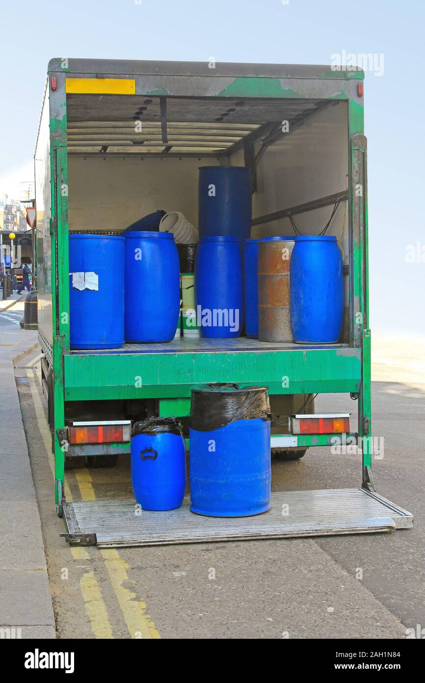 Transport Barrels and Drums With Chemical Material in Truck Stock Photo