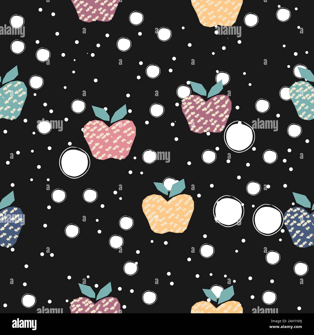 Seamless Hand Drawn Pattern with colorful apples on dark background ...