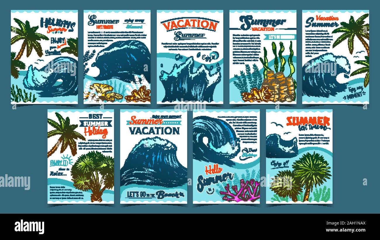 Wave, Palm Trees And Seaweeds Banner Set Vector Stock Vector Image ...