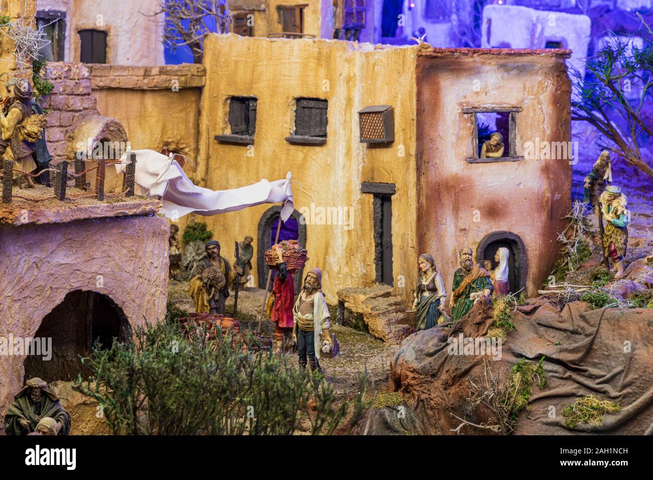 Nativity scene showing the village of Bethlehem with details from the story of the birth of Jesus Christ, diorama on display in San Cristobal de La La Stock Photo