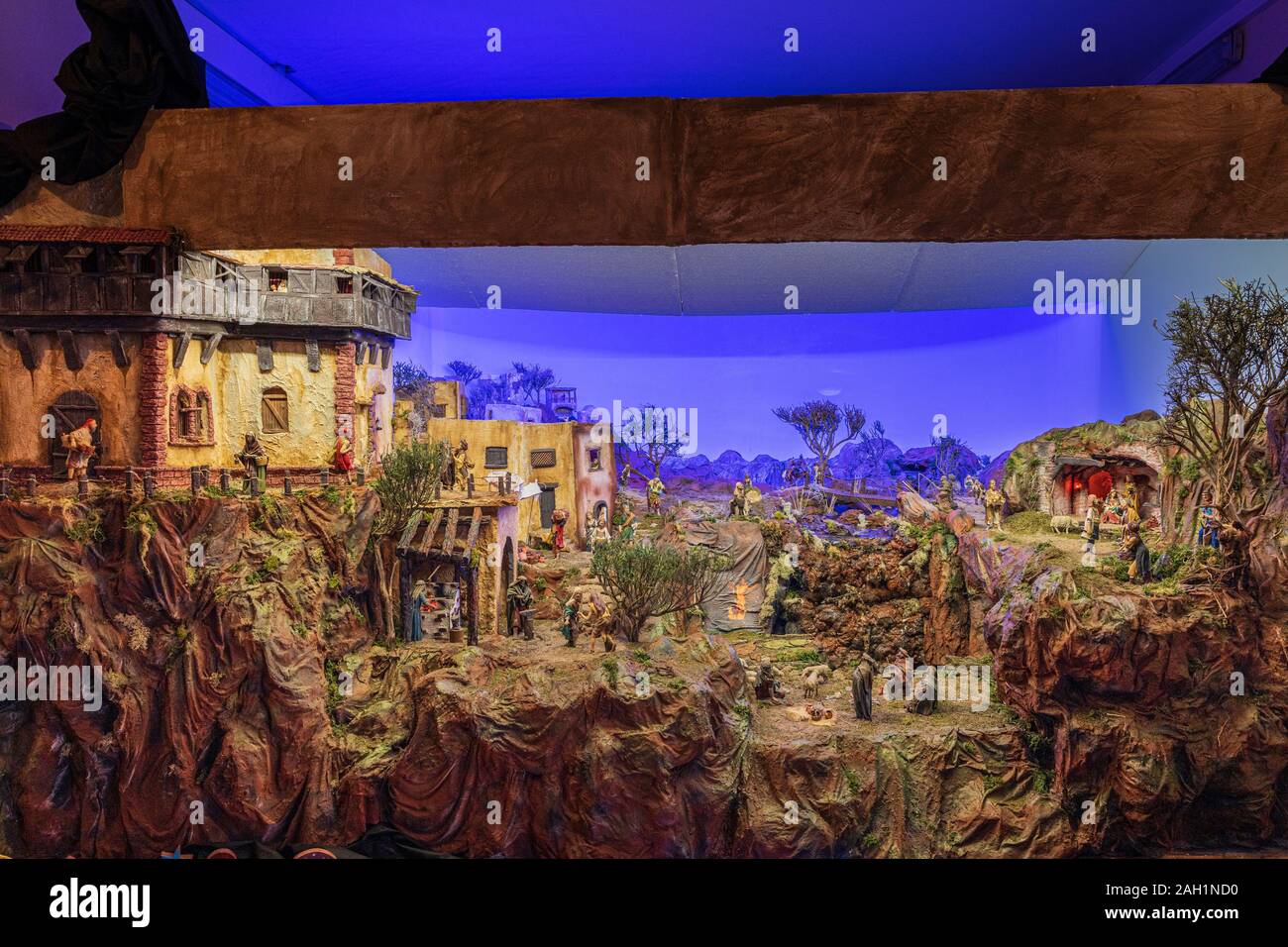 Nativity scene showing the village of Bethlehem with details from the ...