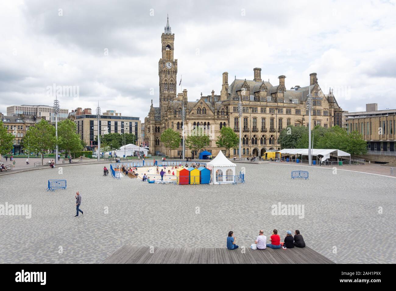 Children's beach play area and Bradford City Hall, Centenary Square, Bradford, City of Bradford, West Yorkshire, England, United Kingdom Stock Photo