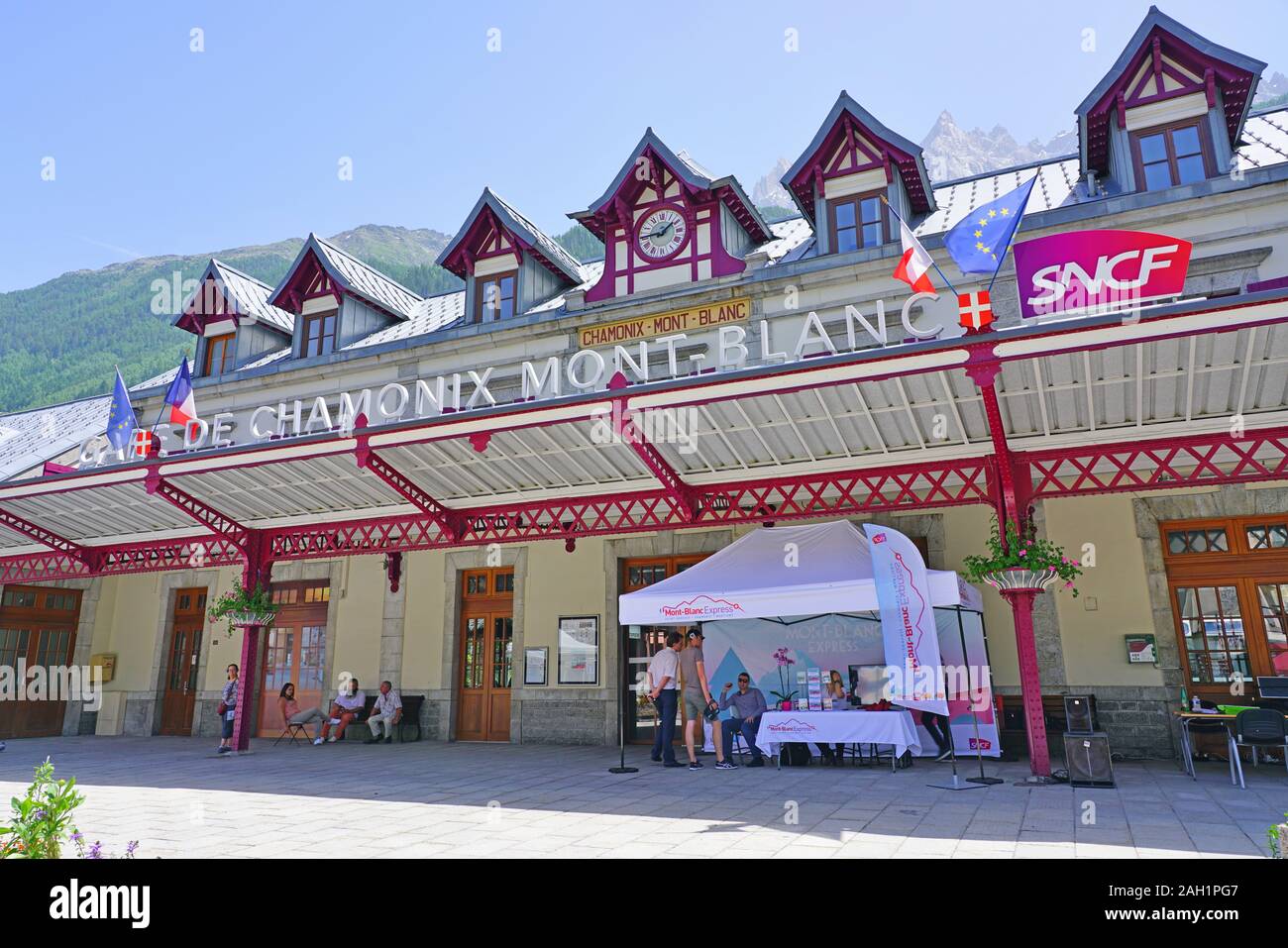 CHAMONIX, FRANCE -26 JUN 2019- View of a red SNCF Ter train at the Gare de Chamonix Mont-Blanc railway station in summer in France near Switzerland an Stock Photo