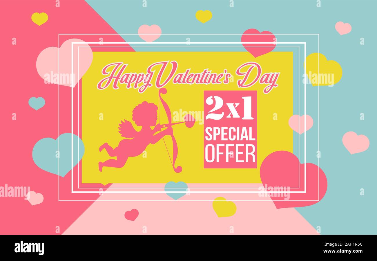 Happy Valentines day retro sale background with Cupid and pink blue yellow hearts. Vector illustration.Wallpaper.Flyers,invitation,brochure,banners Stock Vector