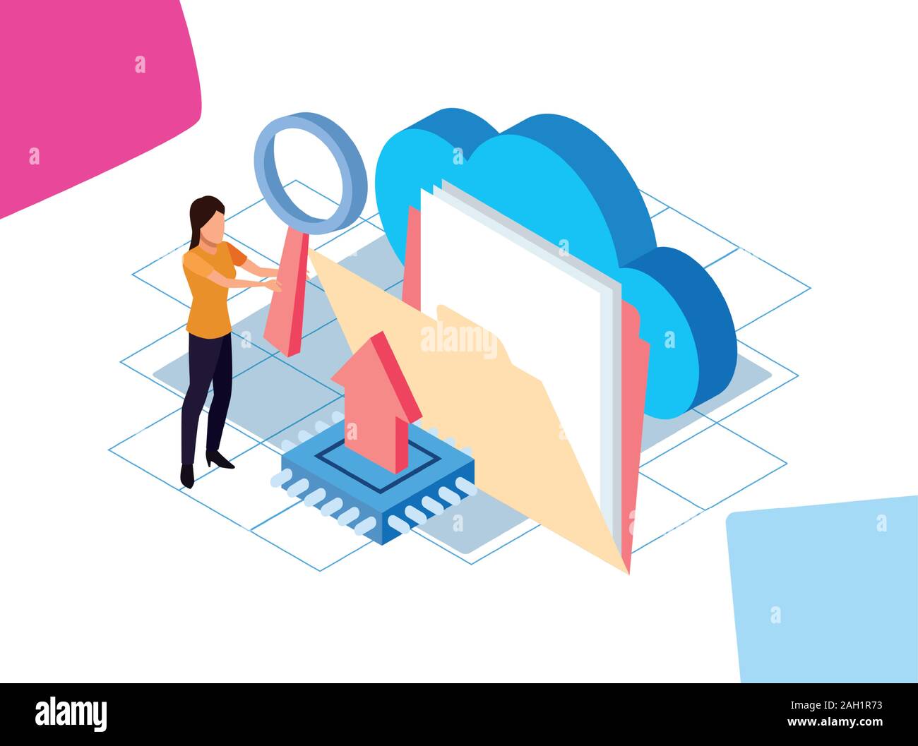 big data colorful design with woman with folder and cloud storage Stock ...