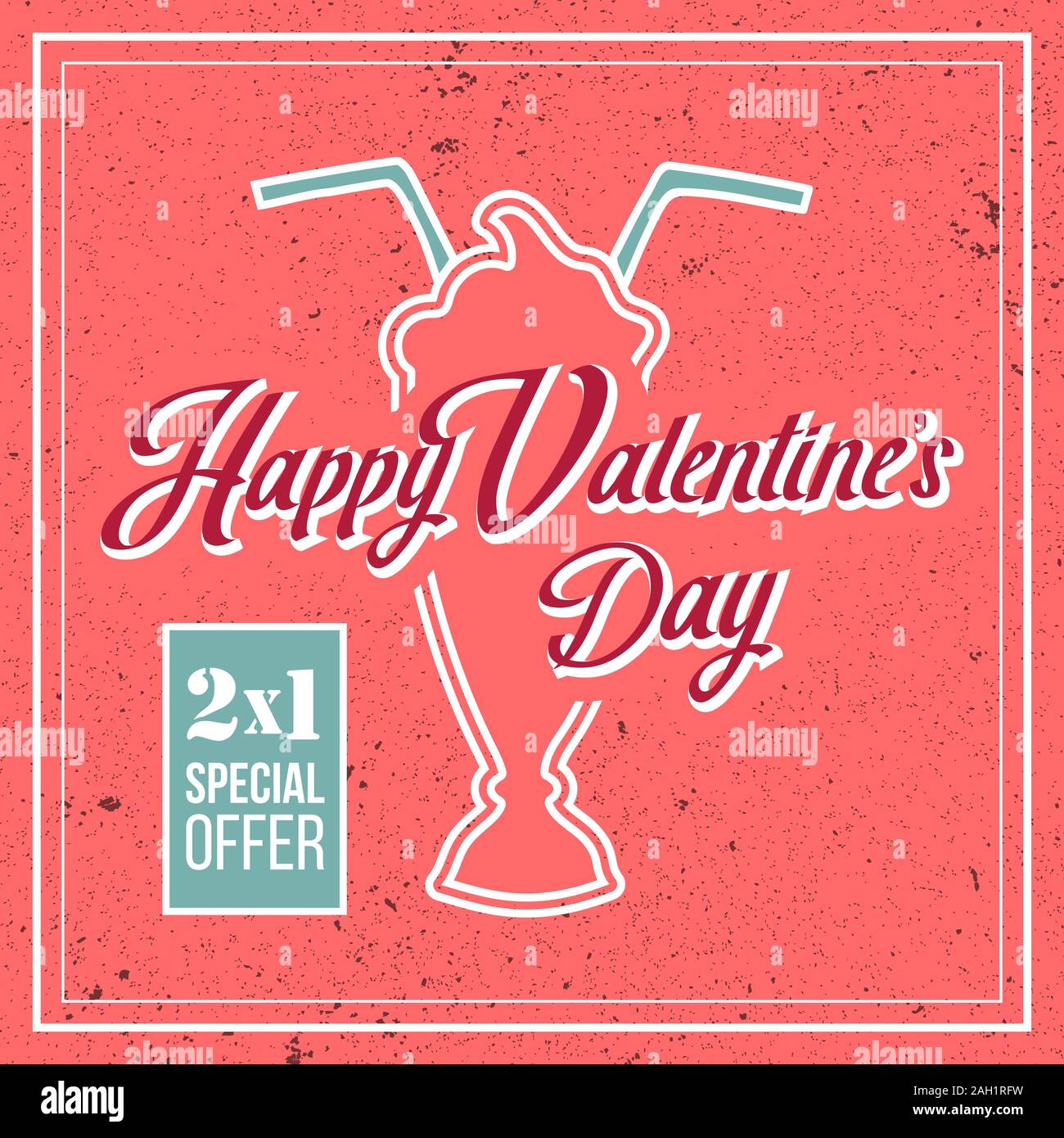 Valentines Day special offer for romantic date concept. Illustration of pink strawberry ice cream milkshake with two straws. Hand Lettering Stock Vector