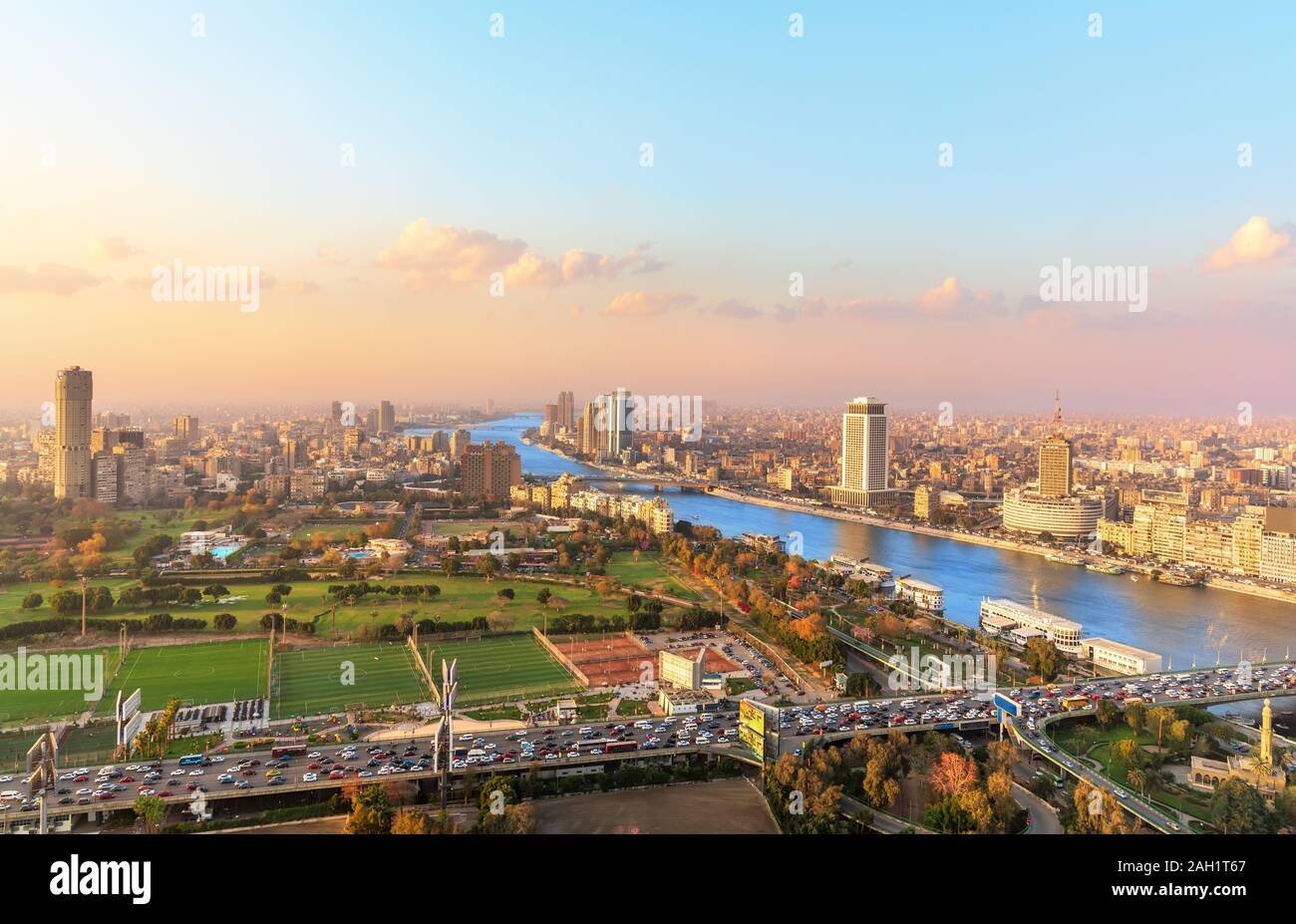 Aerial view on the downtown of Cairo and the Nile, Egypt Stock Photo ...