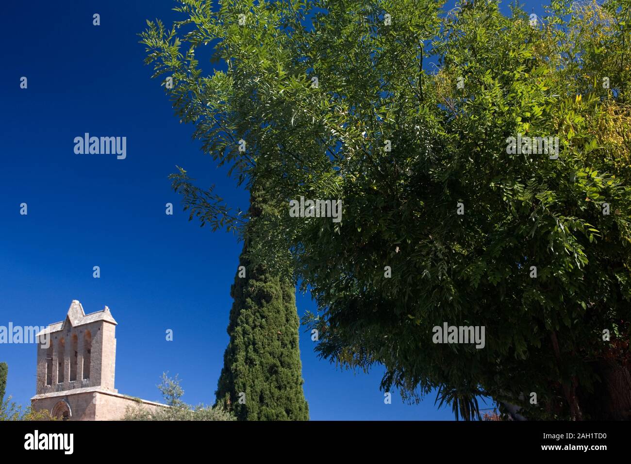 Béllapais Abbey, from the Tree of Idleness, Béllapais, Kyrenia, Northern Cyprus Stock Photo