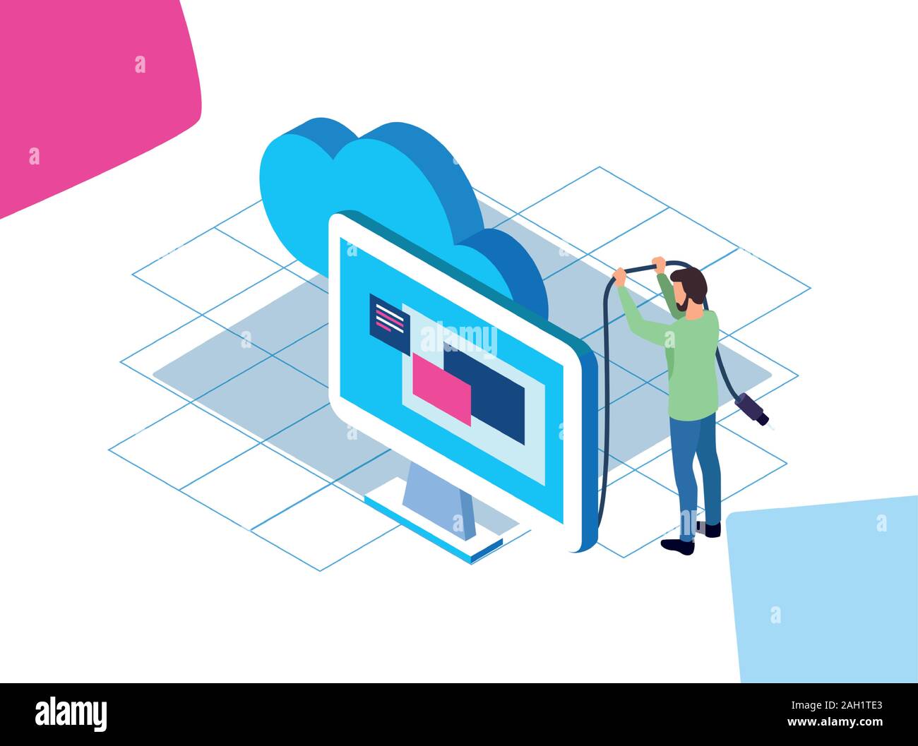 big data design with computer and man standing Stock Vector