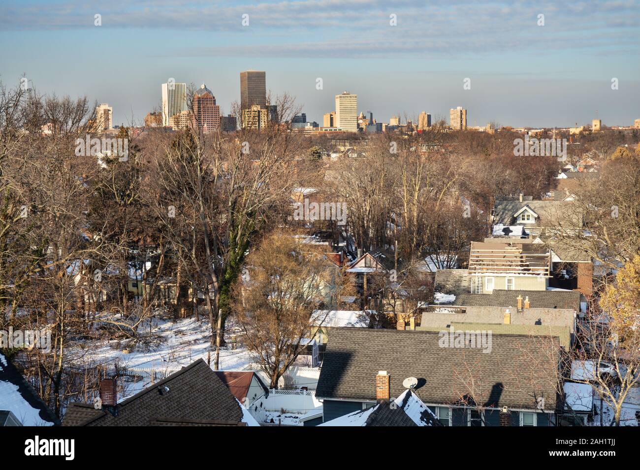 Rochester, New York, USA. December 21, 2019. Aerial view from  the Highland neighborhood of Monroe County , NY with the city iof Rochester in the dist Stock Photo