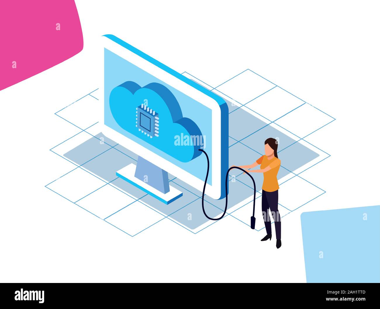 avatar woman standing with computer with cloud storage Stock Vector