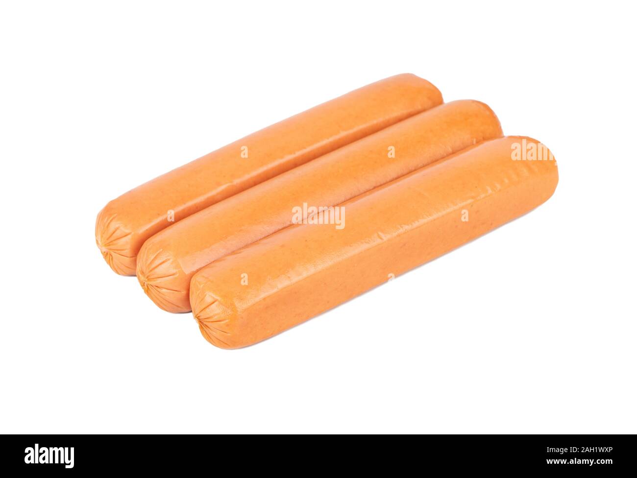 Three pork sausages isolated on white background Stock Photo