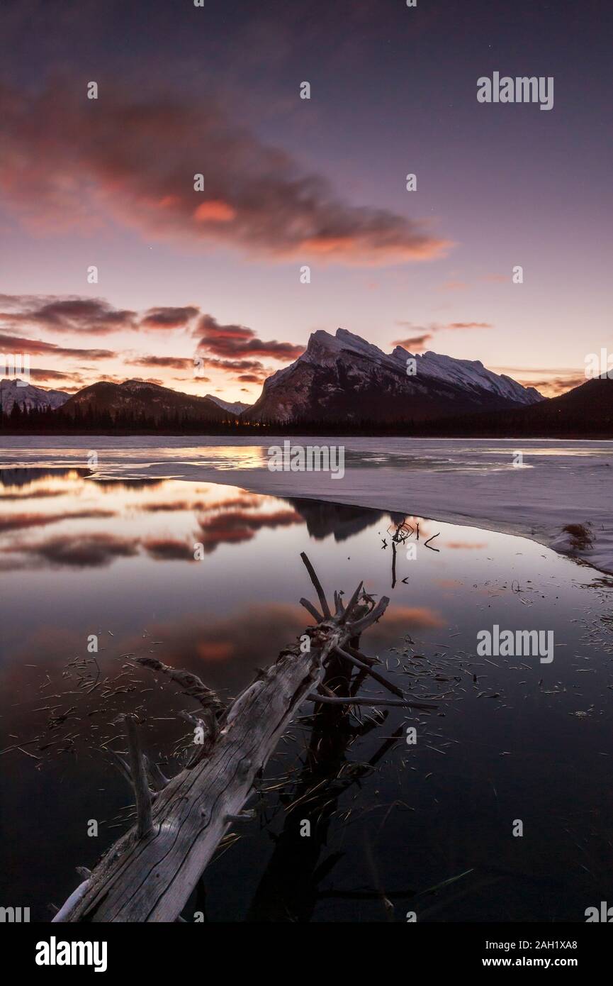 Sunrise at Vermillon Lakes in winter, Banff, Alberta, Canada Stock Photo