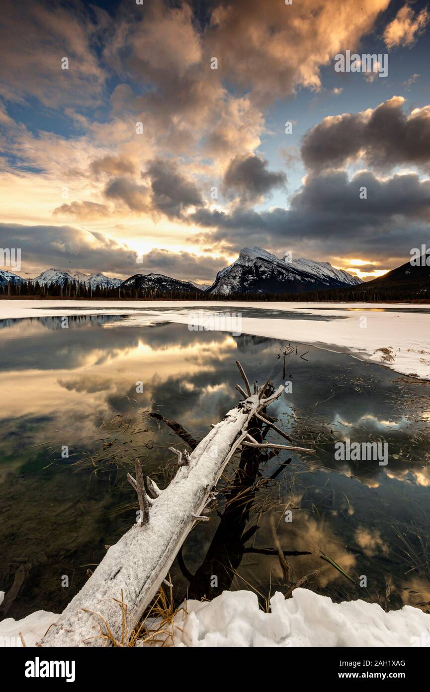 Vermillon Lakes with dramatic sky in winter, Banff, Alberta, Canada Stock Photo