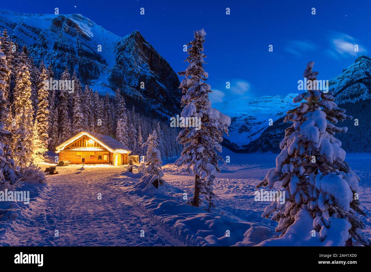 Lake Louise boathouse in Winter, Banff National Park, Alberta, Canada, Stock Photo