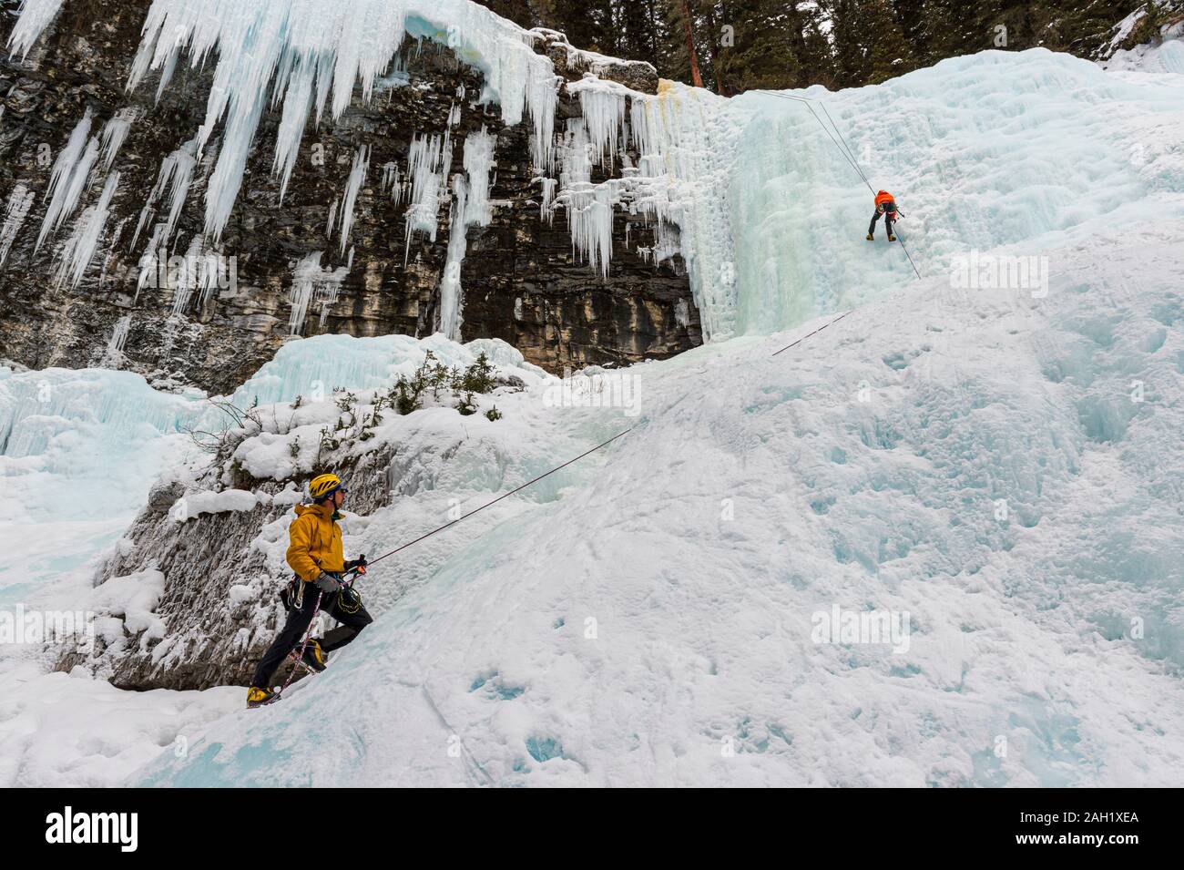 Ice climbers at Johnston Creek, Banff National Park, Alberta, Canada, Stock Photo