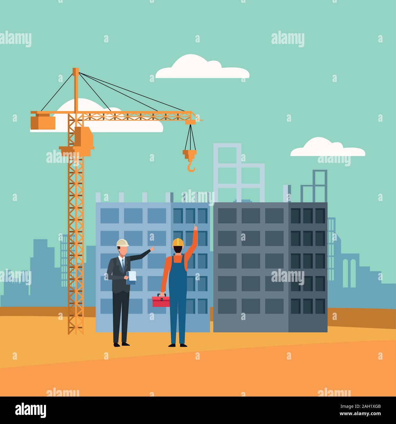 enginner and builder standing on under construction scenery background Stock Vector