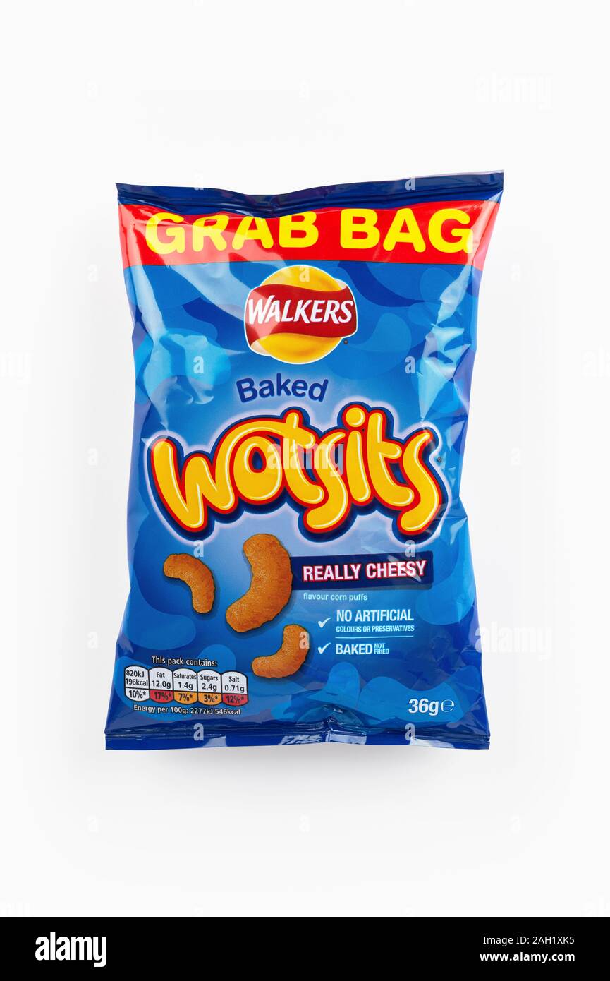 A grab bag packet of Walkers Wotsits crisps shot on a white background. Stock Photo