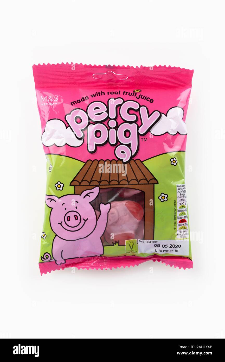 A packet of M&S Percy Pig sweets shot on a white background. Stock Photo