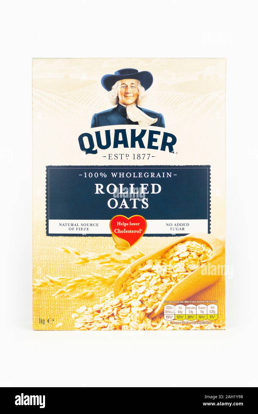 A box of Quaker rolled oats shot on a white background. Stock Photo
