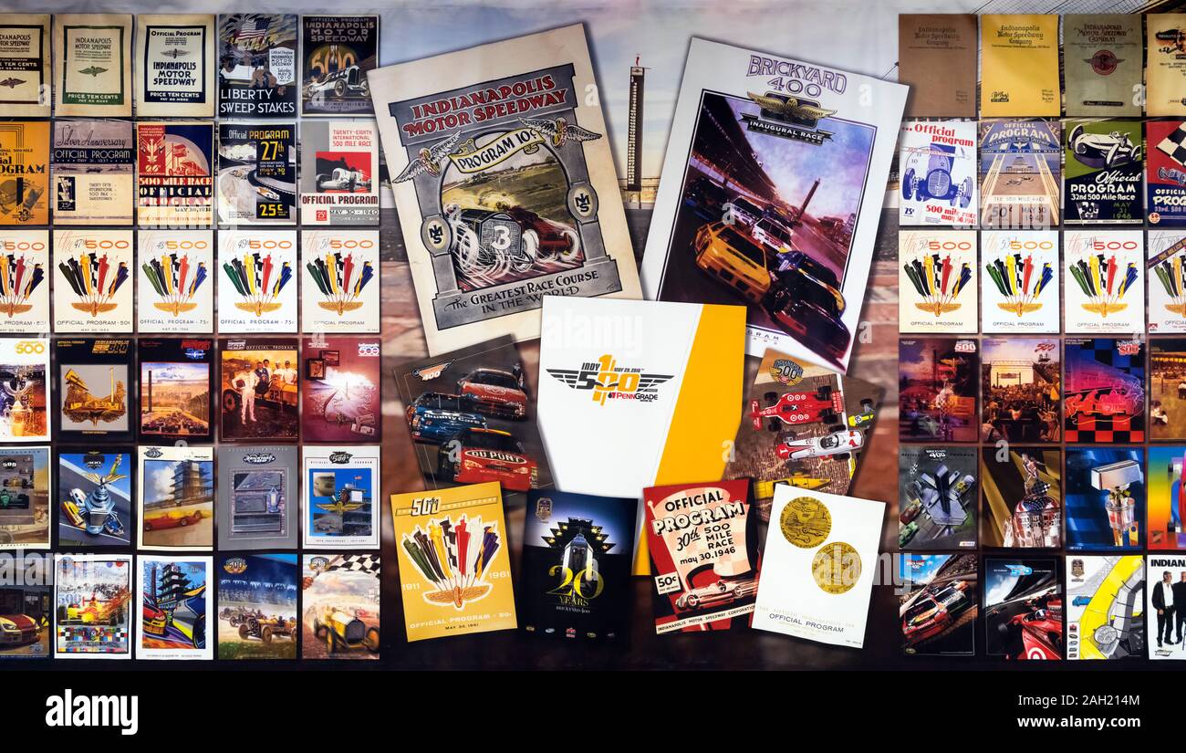 Wall of old programs for the Indianapolis 500, Indianapolis Motor Speedway Museum, Indianapolis, Indiana, USA. Stock Photo