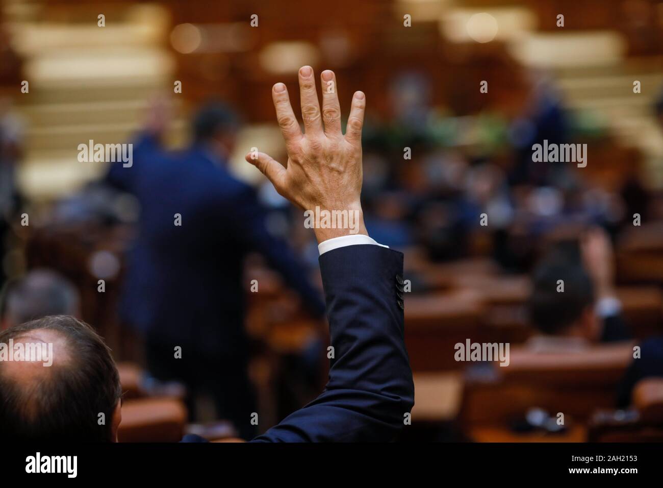Members of Romanian Parliament vote by raising their hands Stock Photo