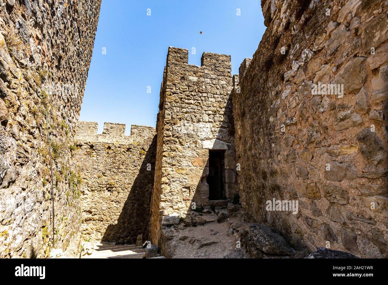 View of the hilltop medieval Castle of Pombal, built in the 12th ...