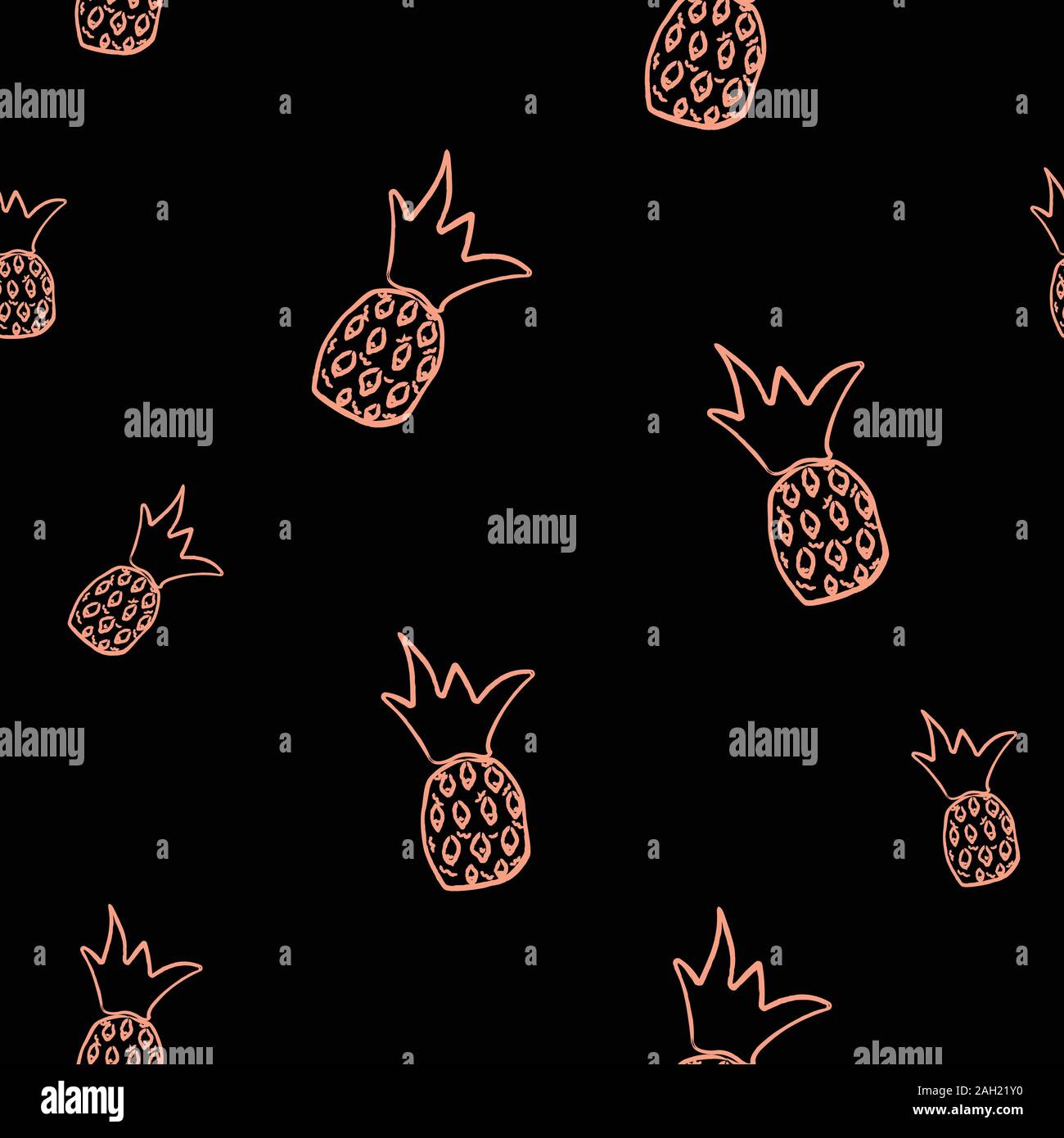 Seamless golden pineapple pattern on dark background. Repeating exotic pineapple pattern. Vector Illustration Stock Vector