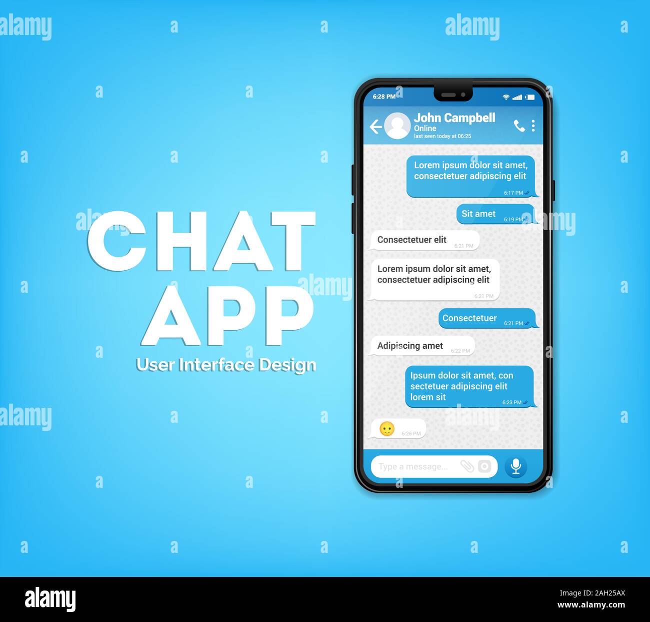 UI UX Phone chat blue interface. Text message mobile phone. Text messaging bubles in mobile application on a smartphone, vector Stock Vector