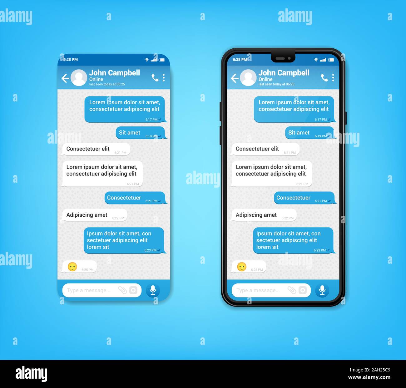 UI UX Phone chat blue interface. Text message mobile phone. Text messaging bubles in mobile application on a smartphone, vector Stock Vector