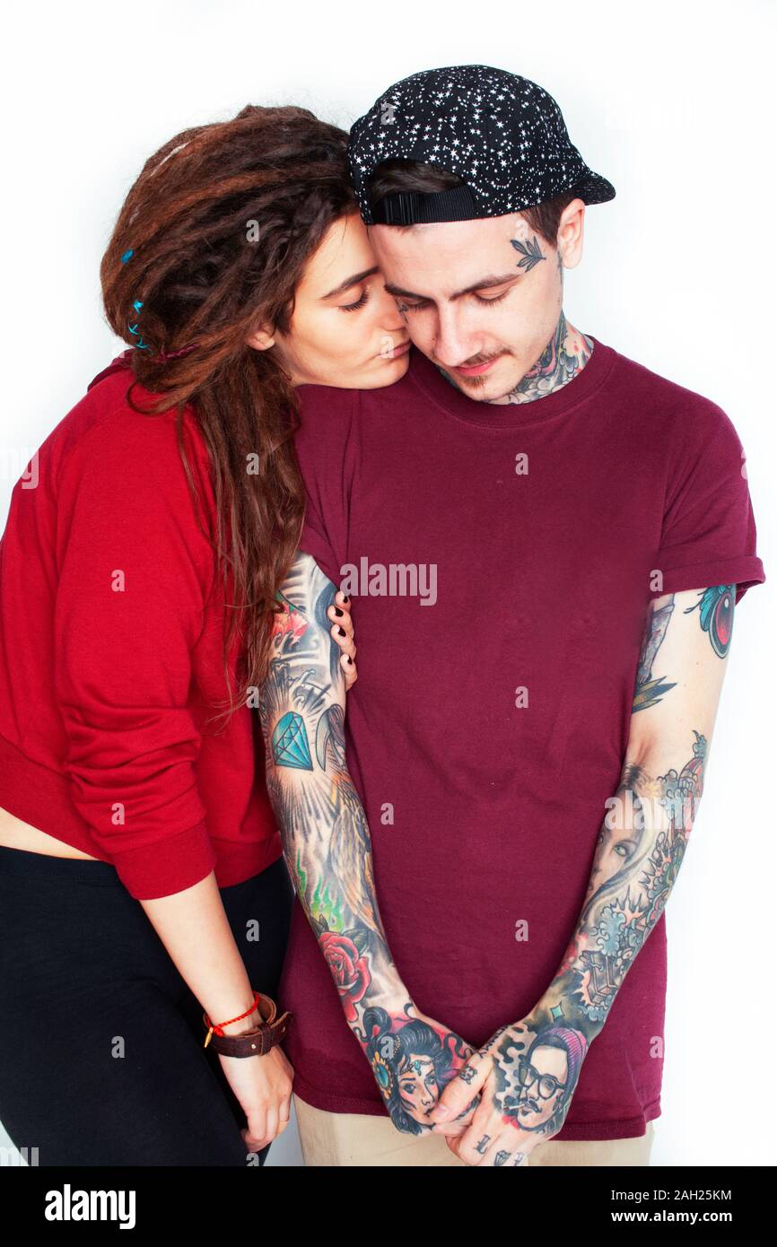 young pretty couple together, lifestyle people concept, boyfriend and girlfriend tattoo Stock Photo image picture