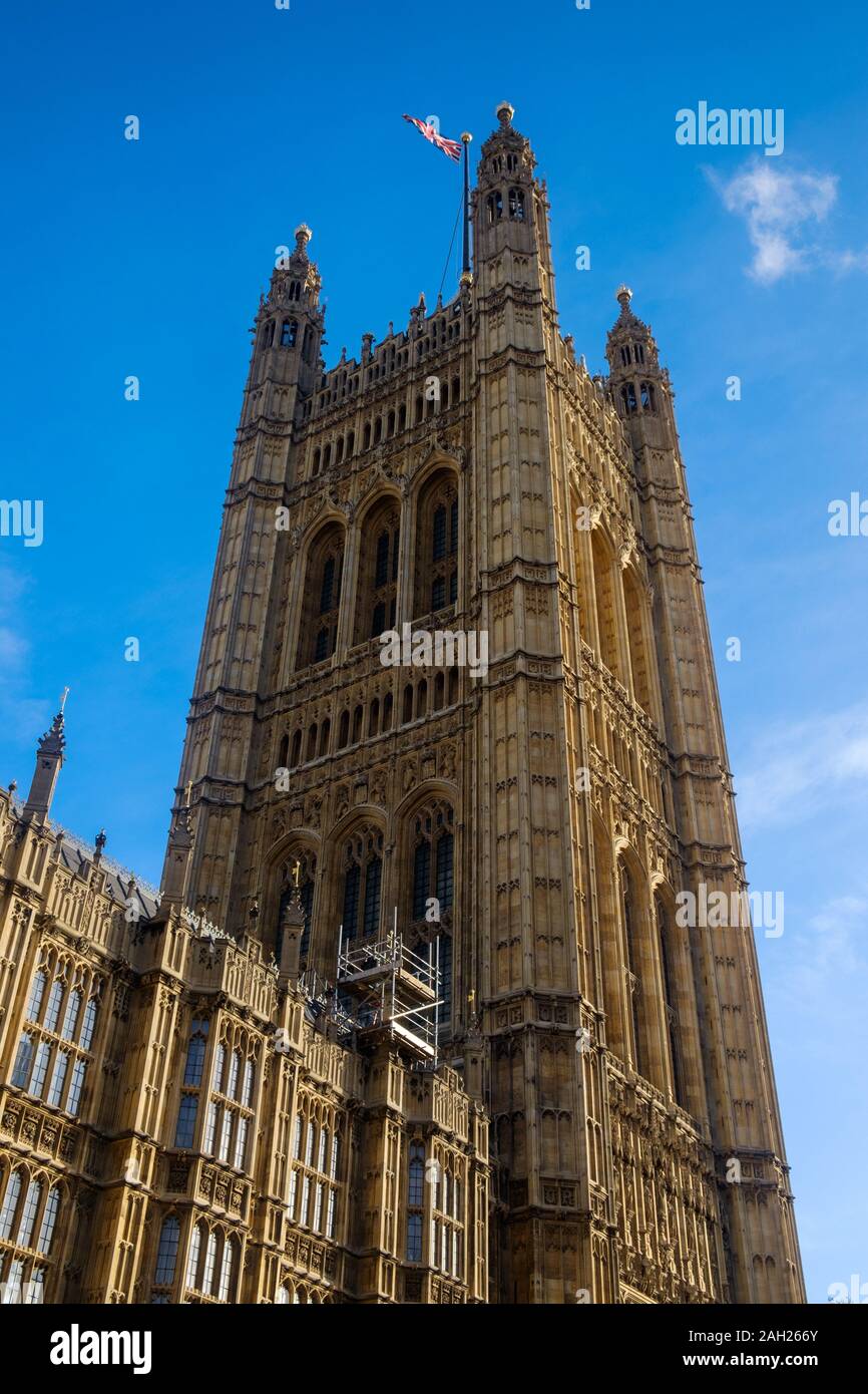 Victoria Tower is the largest tower of the Palace of Westminster, the monument that hosts the House of Parliament. Stock Photo