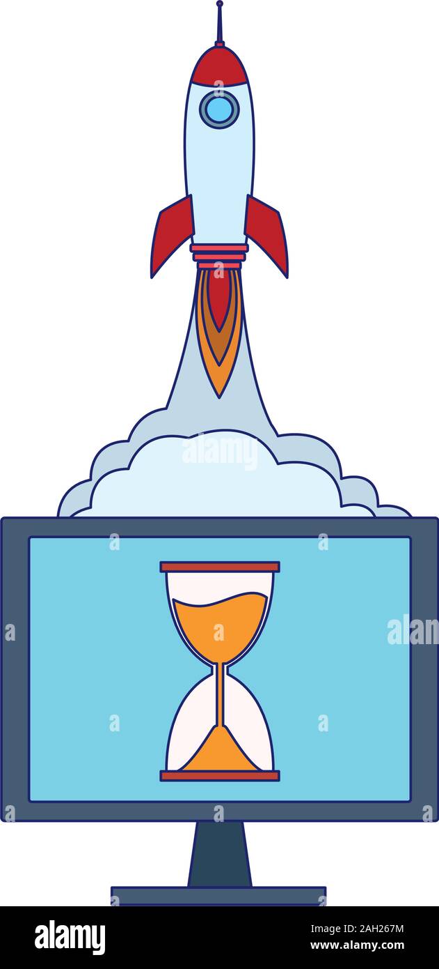 computer with rocket and hourglass, colorful design Stock Vector Image ...