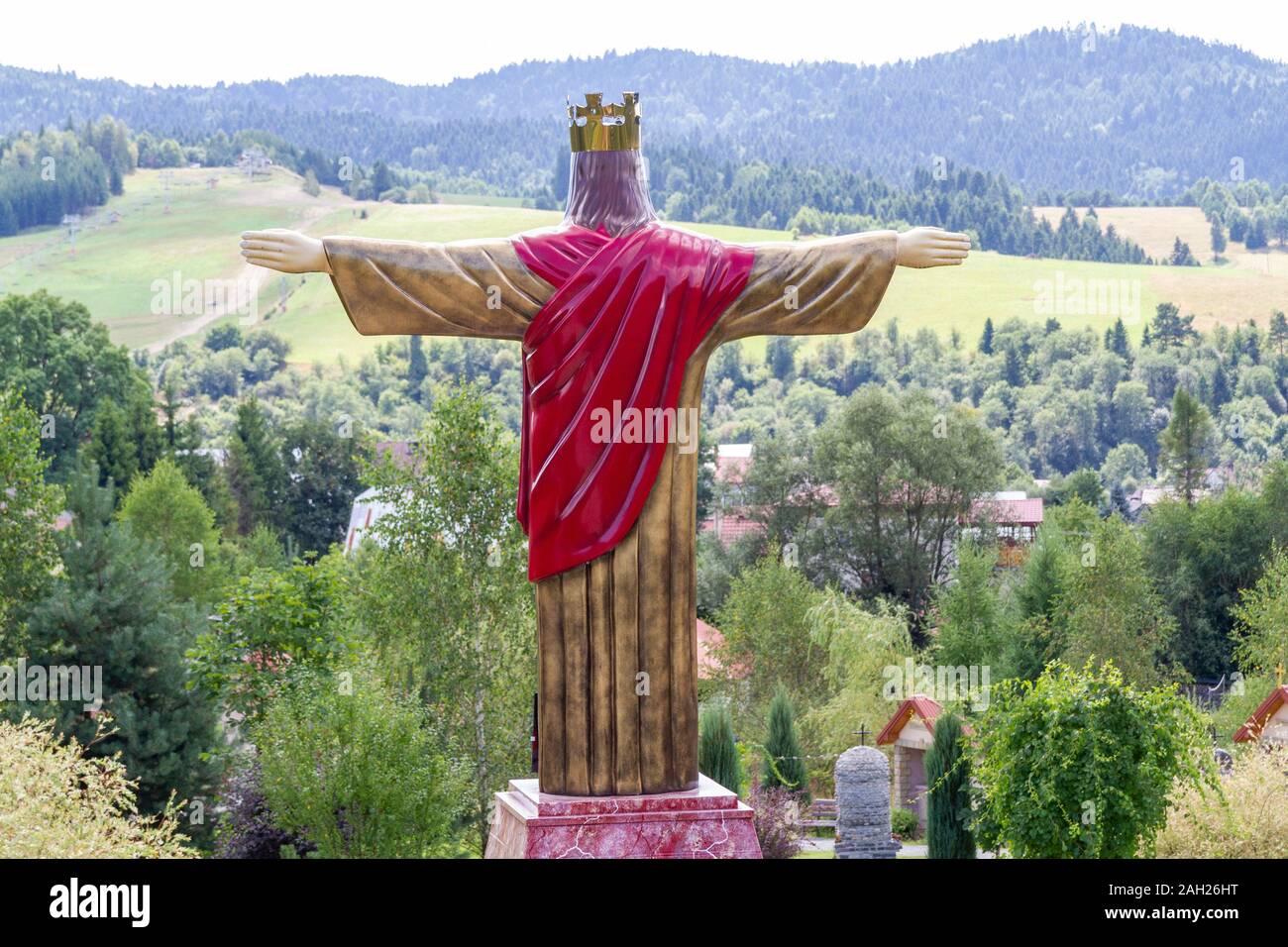 Statue of the Christ the King overlooking the country. The Sanctuary of Our Lady of Tylicz. Stock Photo