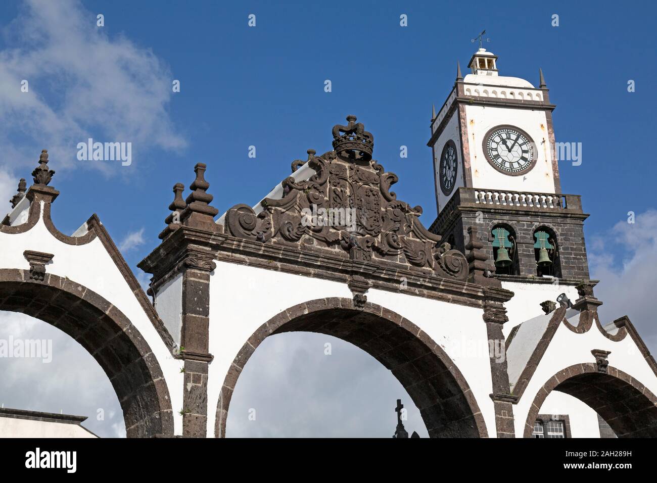 The Three Arches and clock tower of San Sebastian Church at Ponta Delgada, Sao Miguel, Azores, Portugal. Stock Photo