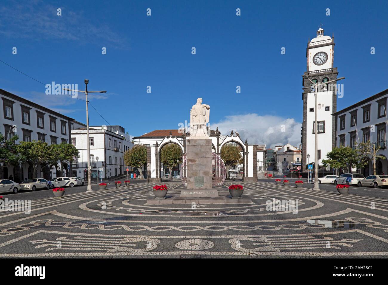 The Three Arches and clock tower of San Sebastian Church at Ponta Delgada, Sao Miguel, Azores, Portugal. Stock Photo