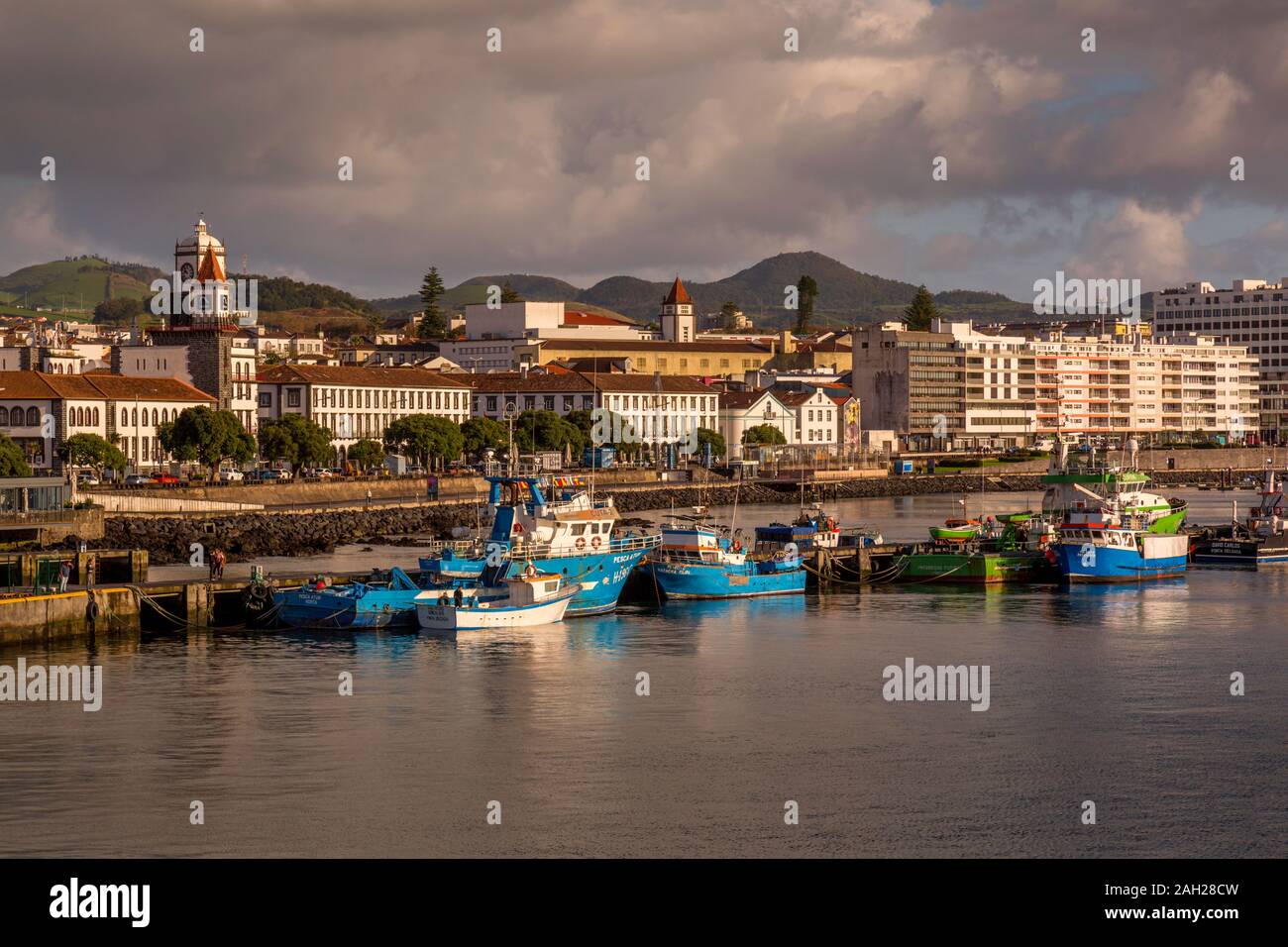View of the harbour at Ponta Delgada, Sao Miguel, Azores, Portugal. Stock Photo