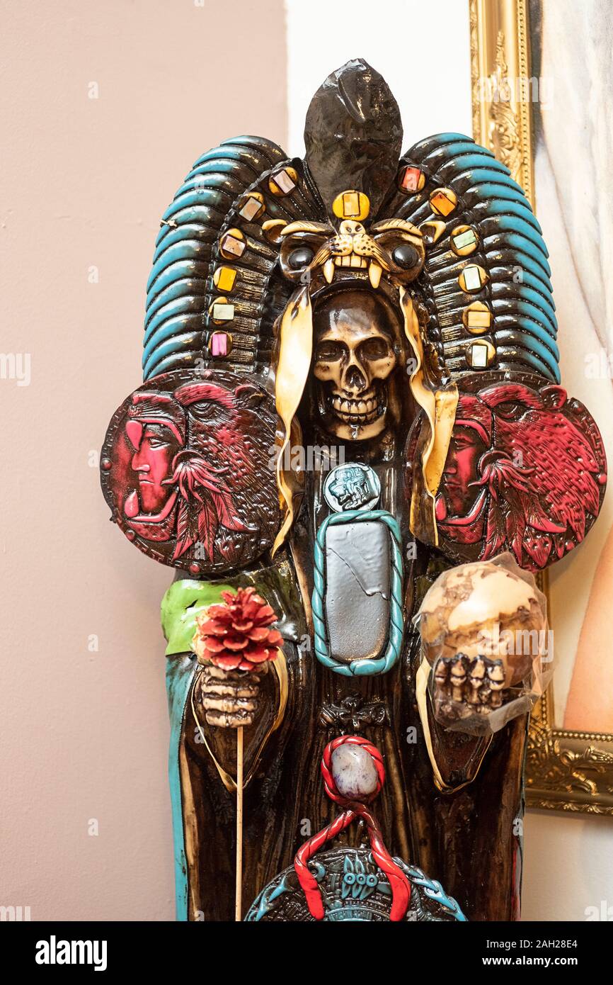 A close up of a Santa Muerte statue at a home temple in Queens, New York City. Stock Photo