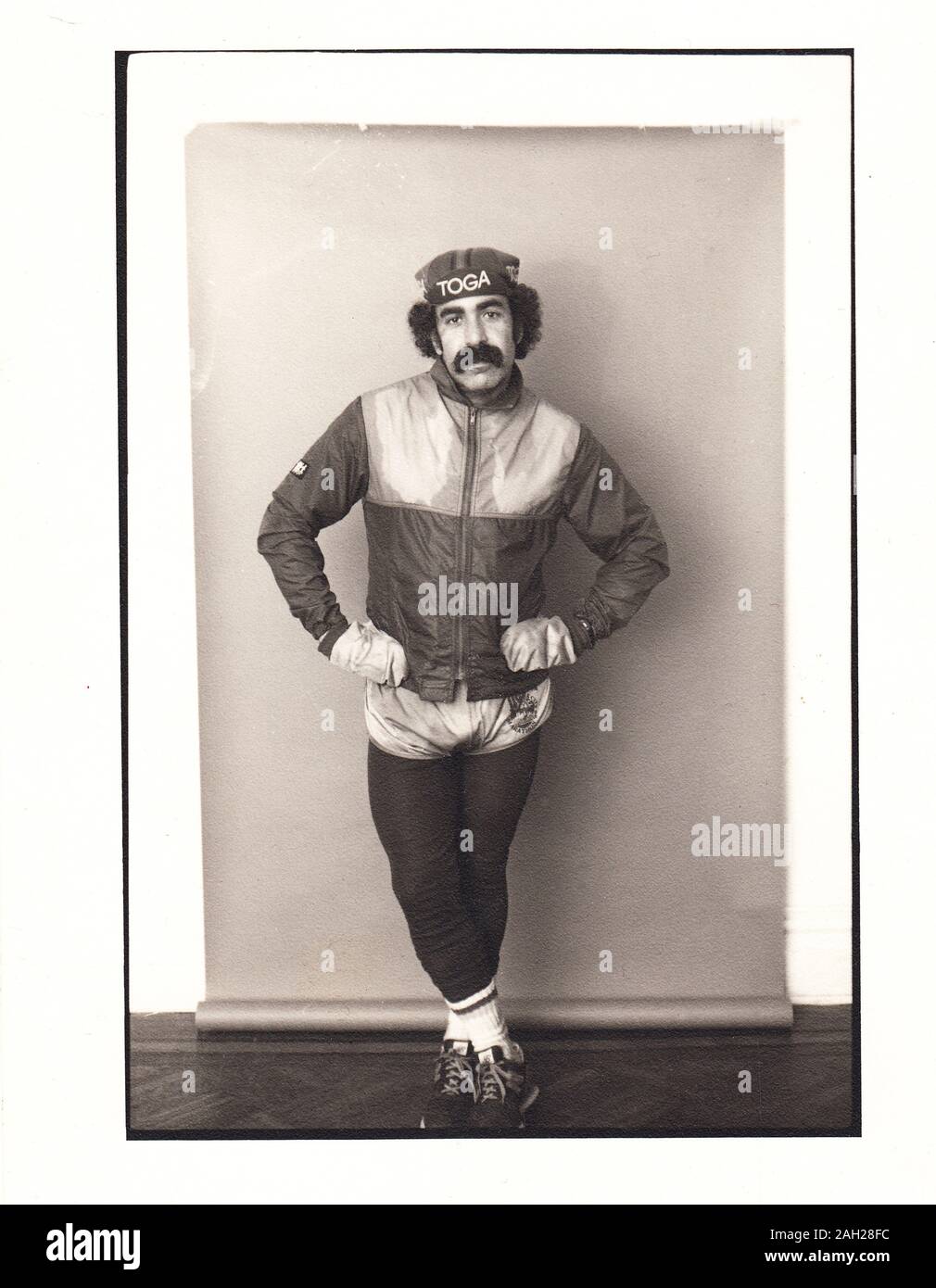 Old fashioned self portrait of a runner in his mid thirties immediately after a ten mile run. In Brooklyn, New York circa 1980. Stock Photo